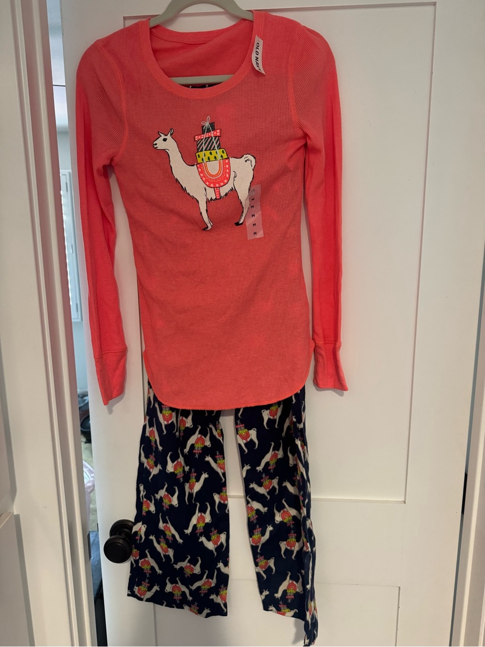 Old Navy Coral Long-Sleeve Llama Pajama Set with Navy Print Pants